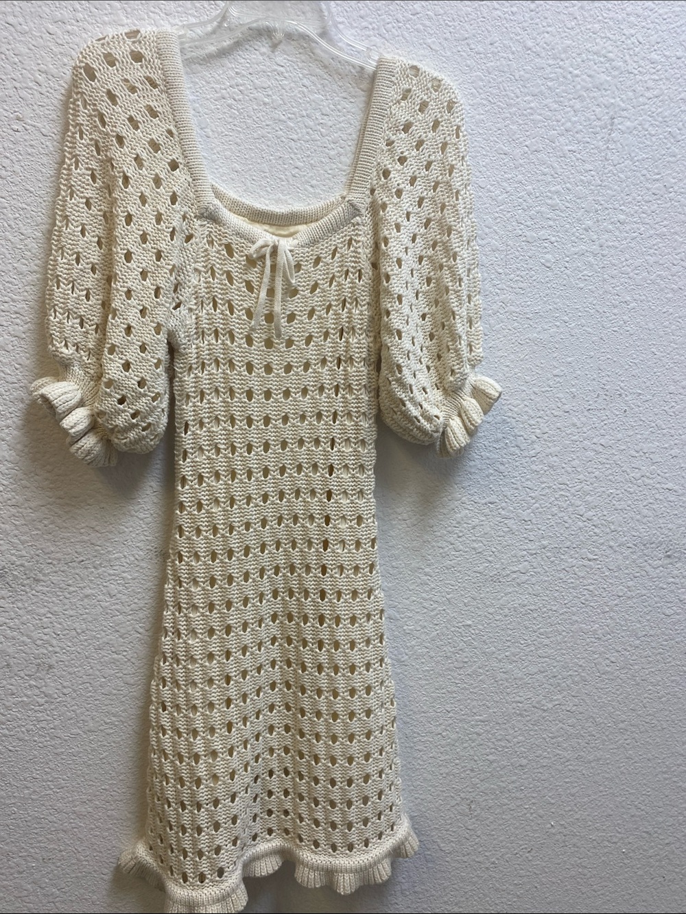 Cream Crochet Midi Dress with Puff Sleeves